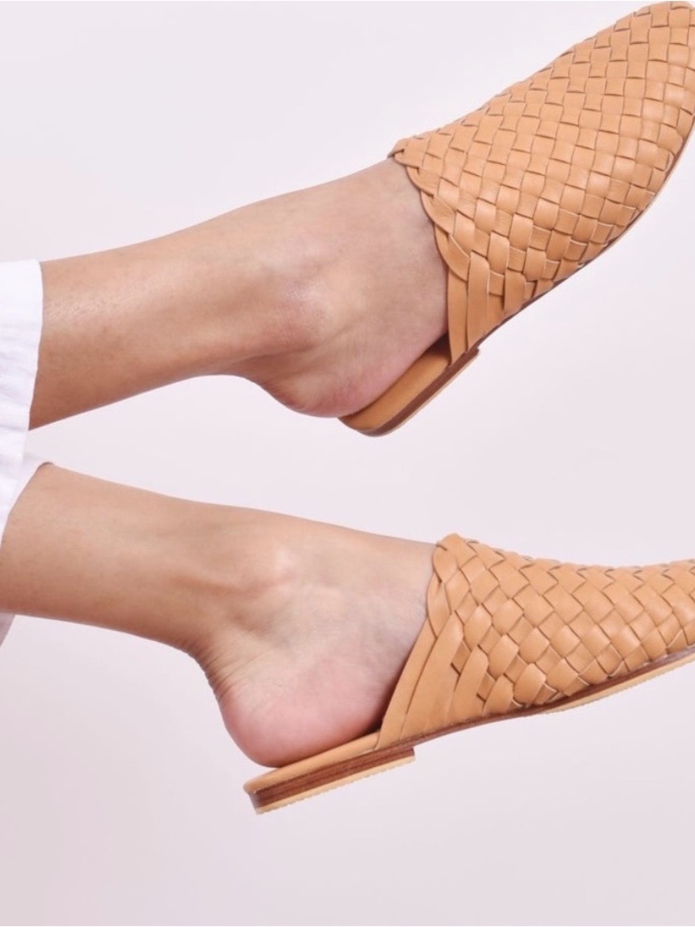 Miuccia Studio Woven Leather Flat Mule Slides Tan Pointed Toe Italy 37 US 7